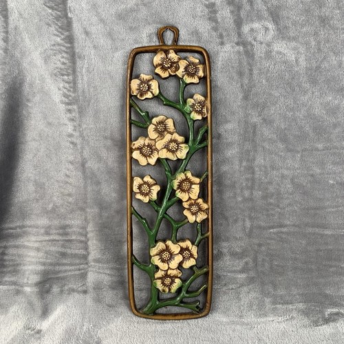 Vintage Mid West Cast Metal Wall Plaques Dogwood & Mums Wall Decor Hand Painted - Picture 2 of 16