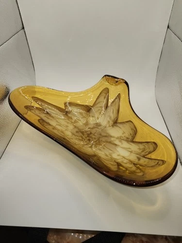 Princess House Amber Murano Art Glass Hand Blown Bowl Vintage Abstract Flower