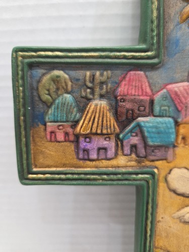 Ceramic Cross Wall Hanging Green Community Farming Hand Painted 7" x 10" - Picture 2 of 17
