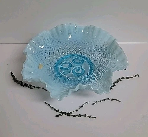 Fenton Epergne Blue Diamond Lace Opalescent Hobnail  BASE ONLY 3 Hole.