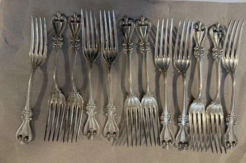 12 ANTIQUE TOWLE OLD COLONY (1894) STERLING SILVER DINNER/LUNCH  FORKS AS IS!