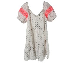 LOFT Puff Sleeve Dot Embroidered Tiered Swing Dress Size XS White Pink Boho Prep