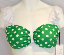UNIQUE VINTAGE size XL Swim Top Green White Polka Dot Bikini/Bra Ruffle Trim