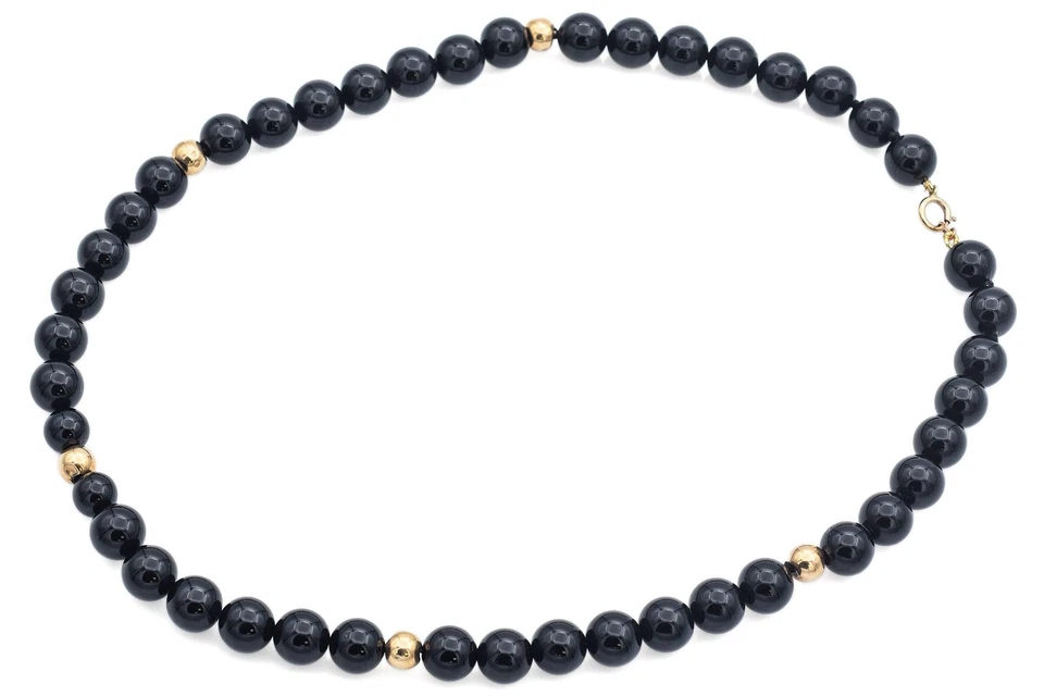 Collar vintage de oro amarillo de 14 quilates con cuentas de ónix negro 18 pulgadas Foto 2 de 4