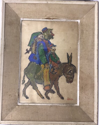 Original Early, Jovan Obican: Family On A Donkey Mixed Media On Paper 2 of 2 VG - Picture 2 of 8