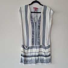 Saks Fifth Avenue Women's Dress White Linen Striped Fringe Bohemian Boho Size M
