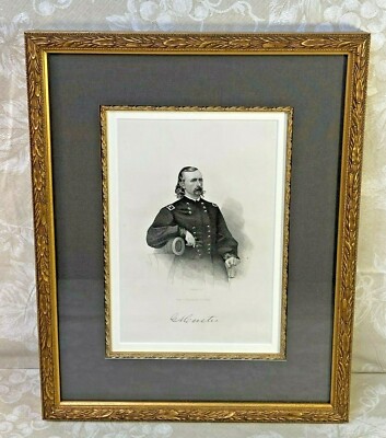 George Custer Engraving in Frame after Matthew Brady Photo J Rogers Eng 1868
