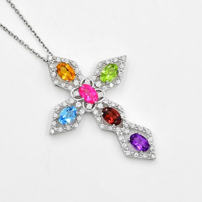 Natural Multi Color Stone Cross Pendant 925 Sterling Silver Christmas ...