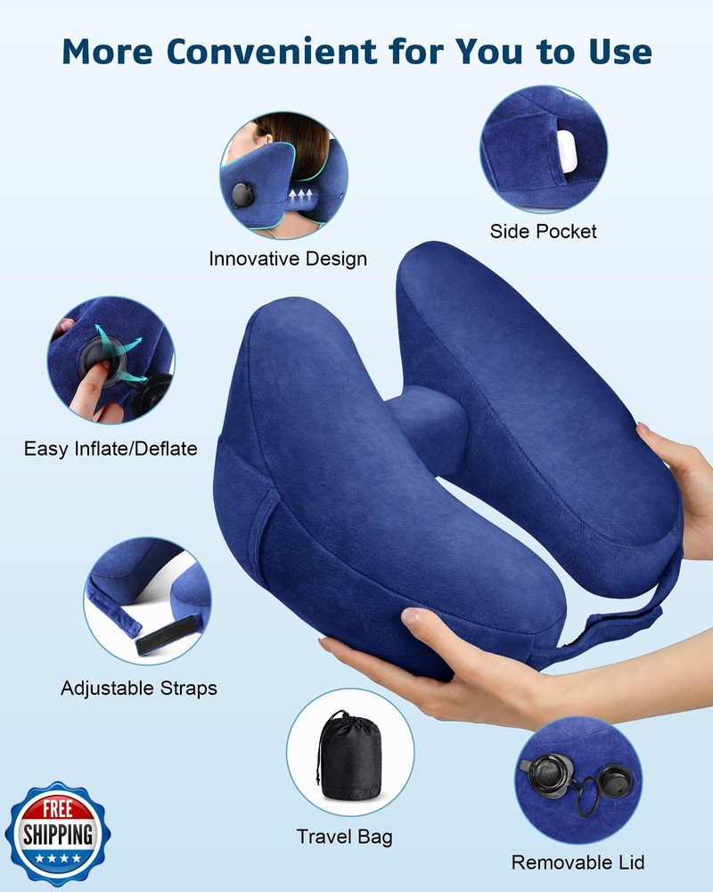 Loveheek Inflatable Travel Neck Pillow with Soft Velvet Cover for Airplane Comfort