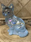 Vtg Fenton Blue Iridescent Art Glass Cat Handpainted Red Berry Artist Signed