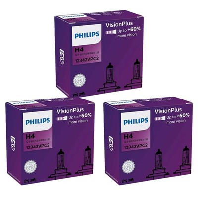 3x Philips VisionPlus H4 Halogen bis zu 60% mehr Licht 60/55W 12V Autolampen