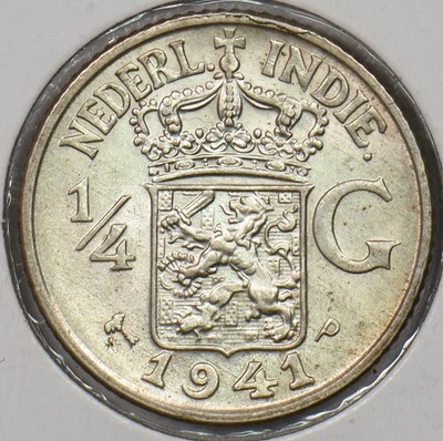 Netherlands East Indies 1941 P 1/4 Gulden Silver ASW: 0.0736oz