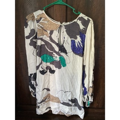 comfy Desigual Sequin Floral Print Blouse Small Boho Long Sleeve Keyhole Top