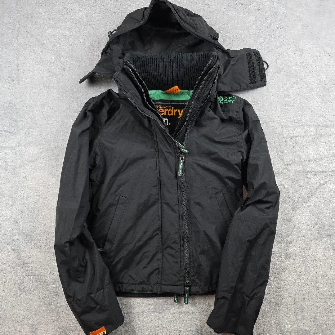 SUPERDRY Mens Windcheater Hooded Windbreaker Jacket Small Black Nylon