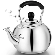 Whistling Tea Kettle Stovetop - 2.3 Quart Round Tea Pot for Stovetop, Silver ...
