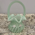 Vintage Fenton 8” Hand Painted Flowers On Sea Mist Green Spiral Basket 3131GB