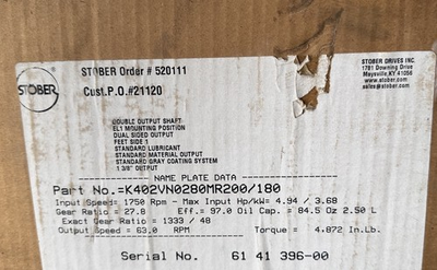 #ad Stober 5hp 3.68kW K Gear Box Input 1750RPM 27.8Gear Ratio 63.0 Output $773.00