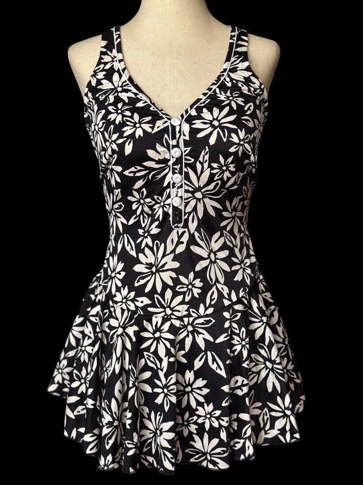 Maxine of Hollywood Vtg One Piece Swimsuit Skirt 20W Tropical Black White Floral - Image 4 of 4