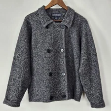 Vintage HERMAN GEIST Large Gray Double Breasted Cardigan Jacket Sweater Wool