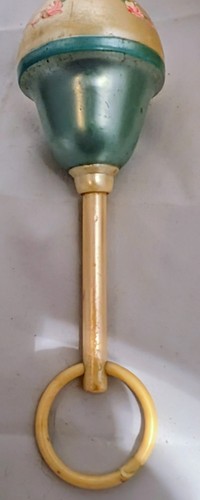Vintage Plastic Celluloid Baby Rattle Roses Hand-Painted Baby Blue Original Box - Picture 2 of 14