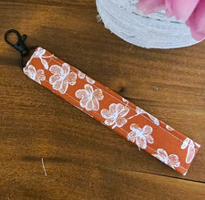 Orange White Floral Fabric Wristlet Key Chain With Lobster Clasp