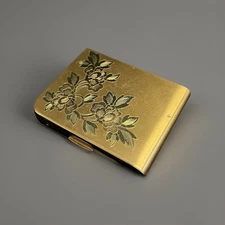 1950s Elgin Amercan Gold Tone Floral Design Makeup Compact w/ Mirror 3" x 2.25"