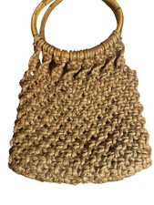 Boho Jute Macram  wood Ring Handle Purse Bag Open Weave Tan Natural