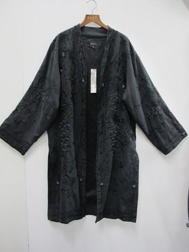 VESTE KIMONO KAFTAN SOIE NOIRE ORIENTALE BRODERIE FÊTE CHINOISE TAILLE UK L 16-18 - Photo 1 sur 14