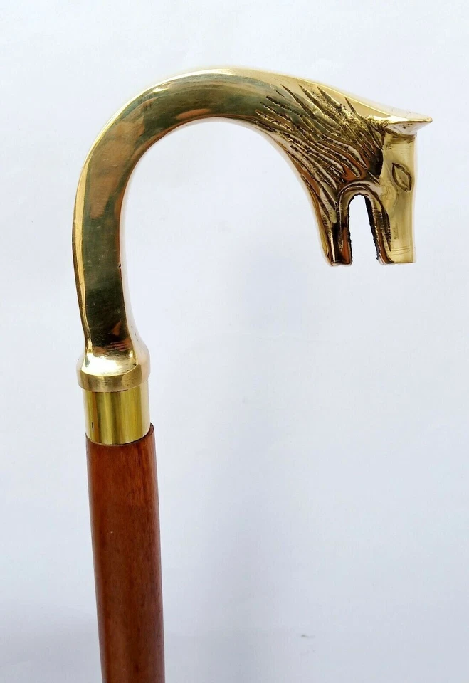 Bastón de madera victoriano con mango de cabeza antiguo de lobo de colección presente Foto 3 de 4