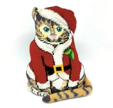 Whimsical Kitty Cat Santa Christmas Needlepoint Pillow Cushion