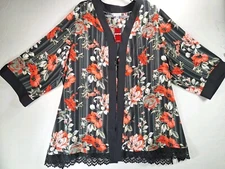NWT Womens Avenue Evening Black Floral Open Flowing Kimono Top Lace Trim 26/28