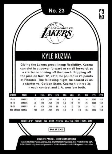 Tarjeta de baloncesto Hoops Kyle Kuzma 2020 #23 de Los Angeles Lakers - Imagen 2 de 2