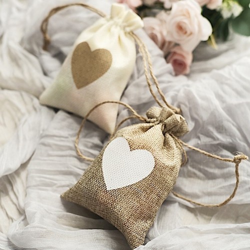 20 Natural Ivory Faux Burlap FAVOR BAGS Heart Design Party Events Decorations - Picture 3 of 9