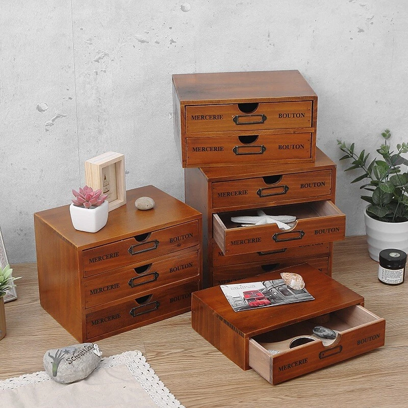 Wood Storage Drawer Draw Tower Unit Vintage Desktop Boxes Home Office Organizer - Image 2 of 4