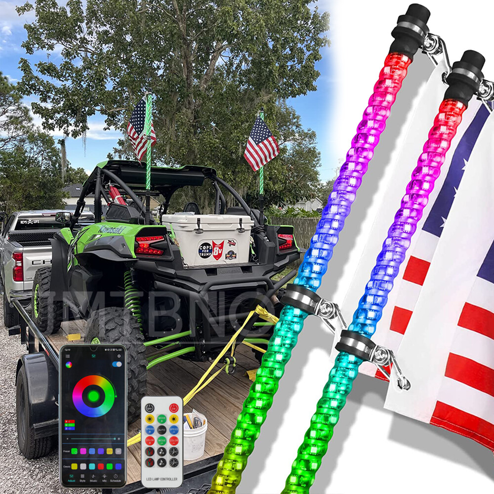 For Kawasaki KRX 1000 Pair 4FT RGB LED Whip Lights Bluetooth + US