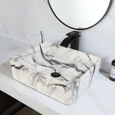Rectangular Bathroom Vessel Sink White With Black Marble Basin Combo Faucet Set