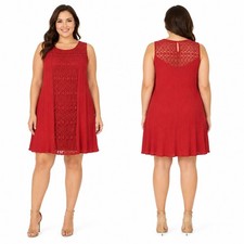 AUW Women's Red Lace Detail Sleeveless Fully Lined Pleated Swing Dress EUC - L