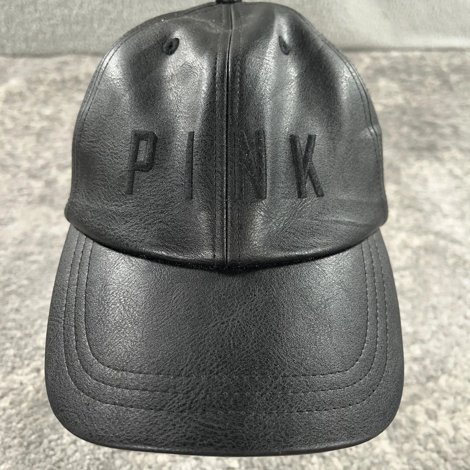 PINK Victorias Secret Hat Cap Snapback Womens Black Faux Leather Embroidered - Image 2 of 4