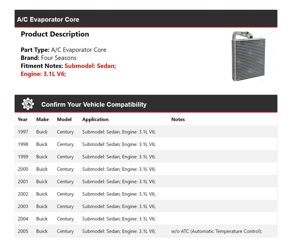 Para Buick Century 1997-2005 sedán 3,1 L V6 aire acondicionado núcleo evaporador 4 estaciones 1998 Foto 2 de 4