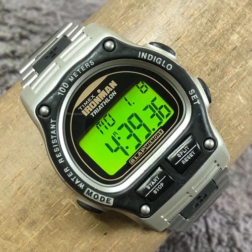 Vtg Timex Ironman Triathlon Men Stainless Steel Quartz Digital 36mm Watch 8"