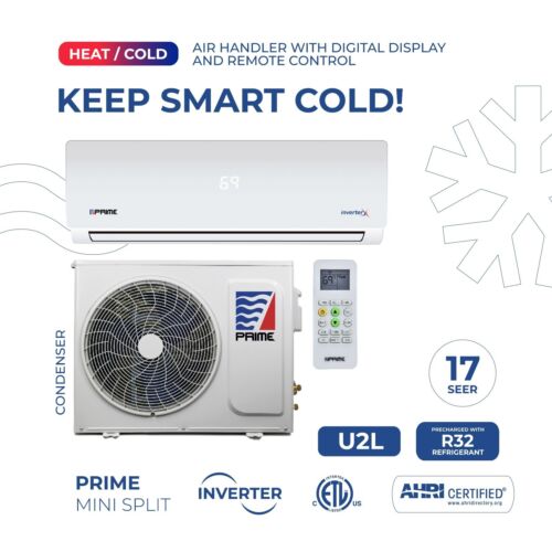 12000 BTU MINI SPLIT AC HEAT PUMP DUCTLESS PRIME WIFI 17 SEER 110V R-32 W/KIT