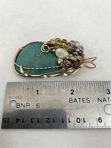 Handmade Copper Wire Wrap 1 1/2" x 2 1/2" Turquoise Pendant #261 & 18" Chain - Picture 3 of 6