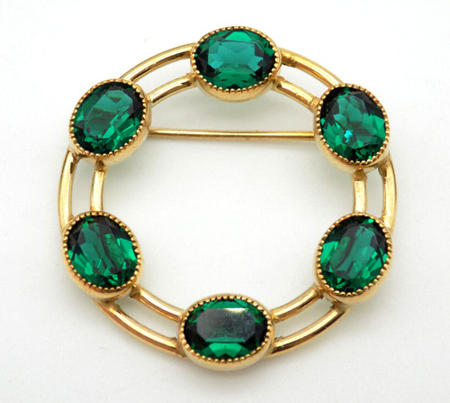 Vtg 12k Gold Filled Curtis Creation Victorian Emerald Rhinestone Circle Brooch