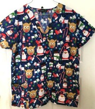 Women's Scrubs Top Christmas Short Sleeve Pockets Large EUC Free Shipping