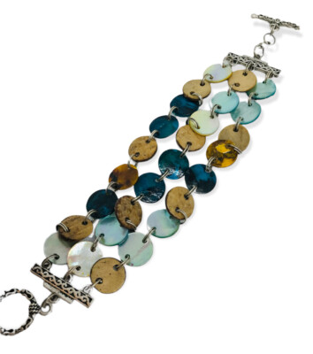 Statement 7'' Bracelet with Toggle Clasp Shell Medallions Silvertone Teal Brown 
