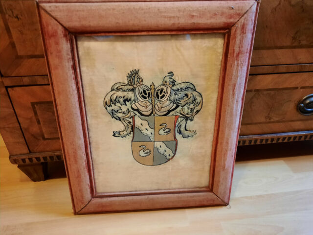 feins gesticktes Stoff Wappen Genealogie Heraldik Adel gerahmt um 1880