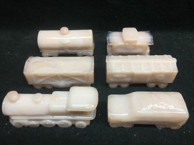 Pink milk crown tuscan glass Train set steam engine / tanker car railroad lot RR
