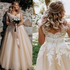 Champagne Wedding Dress V Neck A Line Lace Bride Gown Corset Floor Length Tulle