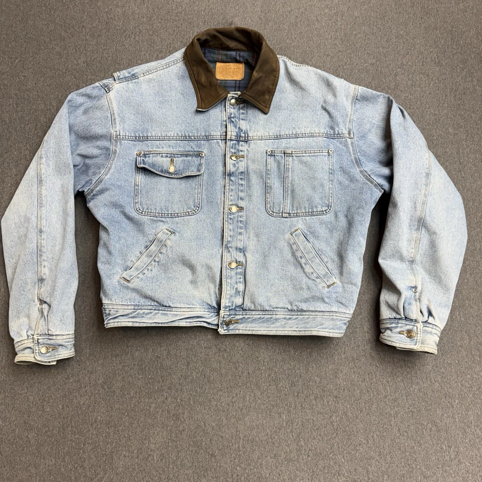 Vintage 90s GH Bass Denim Jacket Mens XL Leather Collar Plaid Lined Workwear image 2