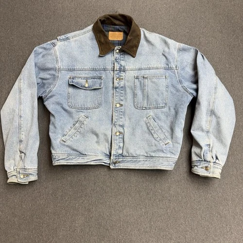 Vintage 90s GH Bass Denim Jacket Mens XL Leather Collar Plaid Lined Workwear image 2